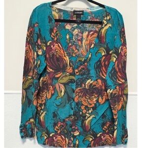 Lane Bryant Teal and Multicolor Floral Sweater